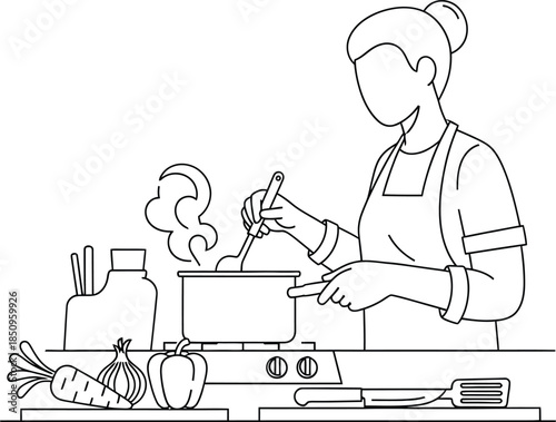 Woman cooking soup stirring pot on stove with fresh vegetables preparing home meal recipe line art
