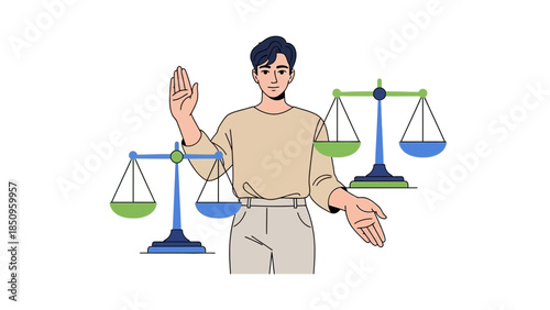 Illustration of a person with scales representing justice and fairness in decision making