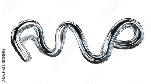 Abstract silver metallic sculpture on white background. 3d chrome spiral template. Silver metal curve element on black background. Y2k fluid wave, flow swirl, 3d path. Dynamic steel shapes.