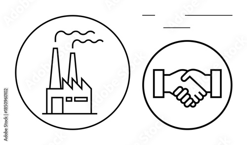 Business partnership. Factory and handshake icons industrial cooperation and agreements. Business partnership fosters collaboration for productivity. For industries, manufacturing, teamwork, trade