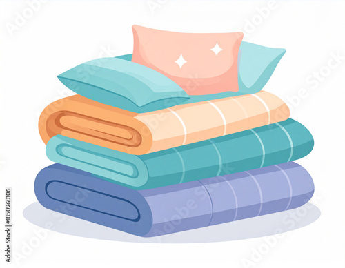 A neatly stacked pile of colorful blankets and soft pillows, ready for comfort and relaxation in a cozy home setting.