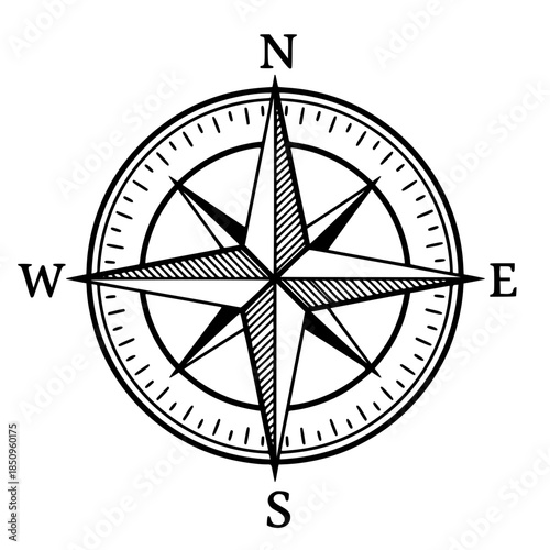 Bold Minimalist Compass Rose Vector Icon. Black and White Flat Design Nautical Star Silhouette for SVG Cutting Files, Adventure Navigation Branding, Travel Logo, and Modern Map Illustration
