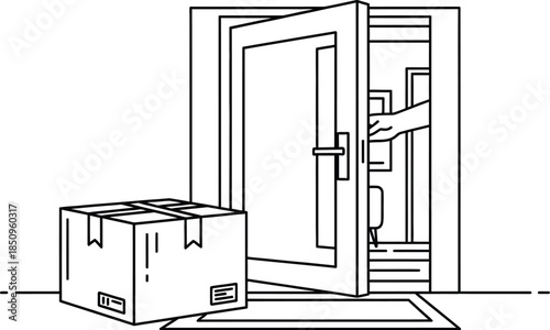 Doorstep delivery icon, package left at open entryway, hand reaching out to retrieve purchase order