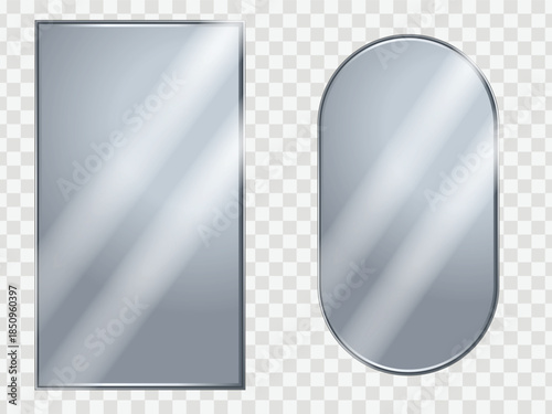 Set of two realistic silver mirrors with reflection isolated on transparent background
