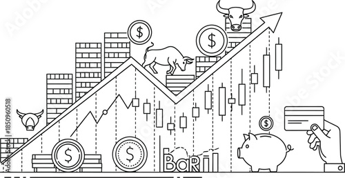 Financial market growth chart with bull symbols, candlestick analysis, coins, savings, and investment concept