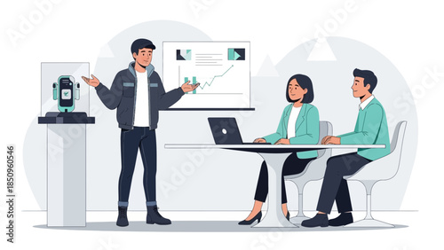 Business Presentation and Data Analysis Meeting with a Male Presenter and Two Attendees in a