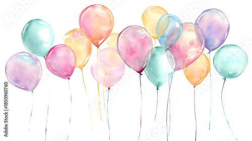 A colorful arrangement of watercolor balloons in various shades, creating a festive and cheerful atmosphere