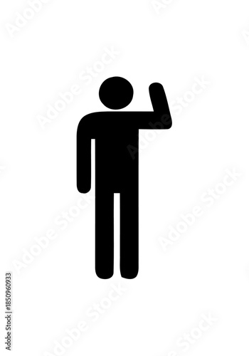 Friendly black silhouette of a person waving or greeting with a raised hand, conveying welcome and acknowledgment on an isolated white background.