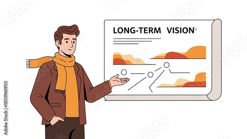 businessman presenting long-term vision plan on a whiteboard illustrating strategic growth and