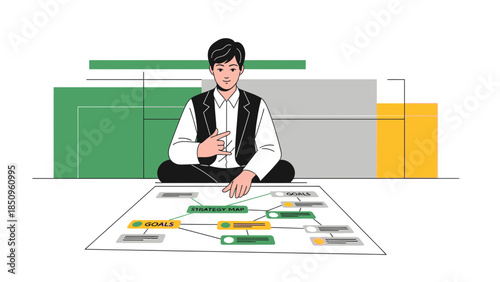 Businessman Analyzing Strategy Map and Goals for Effective Planning