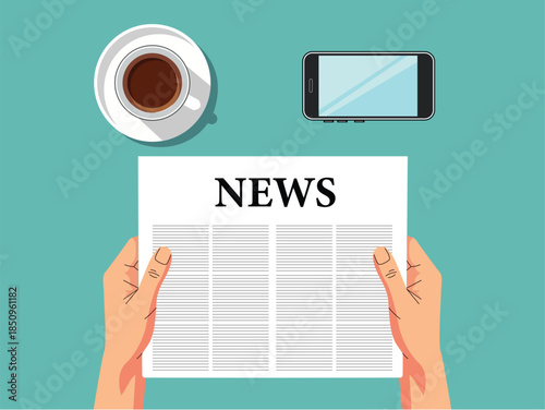 Hands holding newspaper with news headline top view of coffee cup and smartphone on a desk