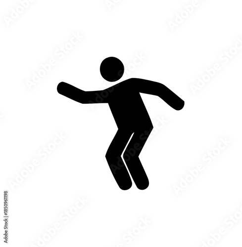 Vulnerable black silhouette of a person tripping or falling, depicting a loss of balance and an accident on an isolated white background.
