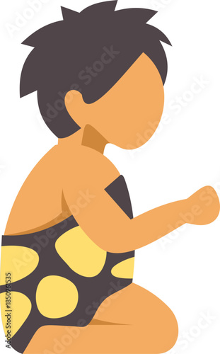 Primitive boy from the stone age wearing animal skin and kneeling