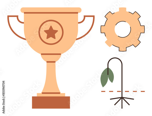 Trophy symbolizing achievement, gear for problem-solving, and wilting plant showing adversity and learning. Ideal for motivation, resilience, leadership, teamwork, competition, improvement simple