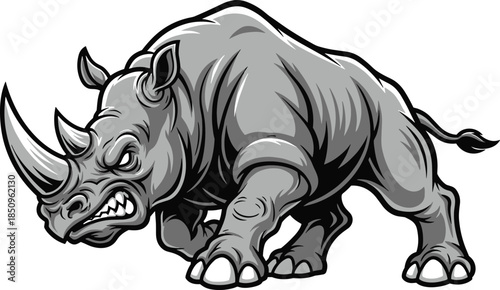 Aggressive rhinoceros mascot, fierce cartoon rhino charge, bold wild animal logo, muscular horned beast stance - flat vector illustration