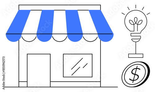 Small business, entrepreneurship, financial growth, innovation, retail planning, investment opportunity. Storefront with awning, lightbulb with plant sprout and coin icon. Small business