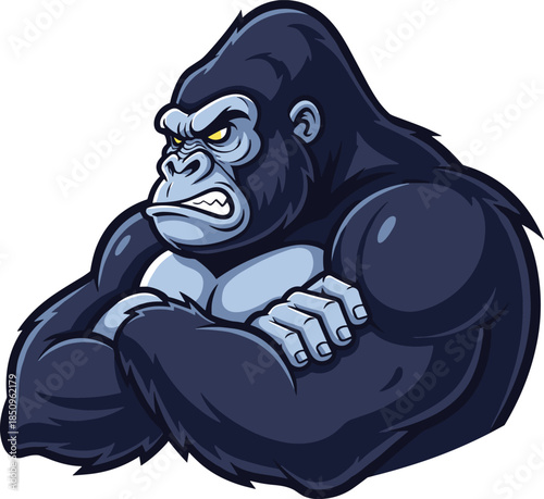 Fierce gorilla mascot, muscular cartoon ape, intense wild animal logo, crossed arms power pose, scowling beast - flat vector illustration