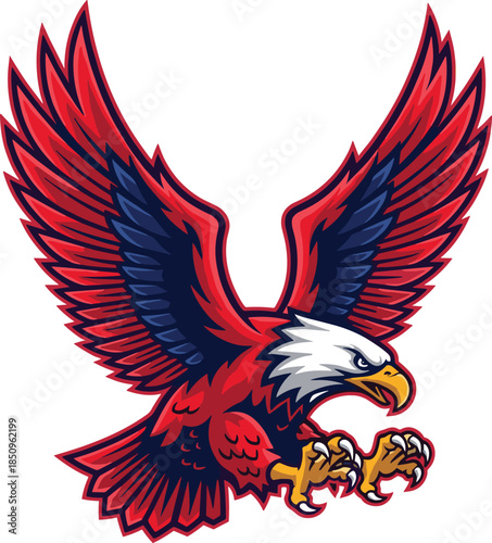 Flying eagle mascot, fierce bird of prey, patriotic wild animal logo, sharp talons and wings spread - flat vector illustration
