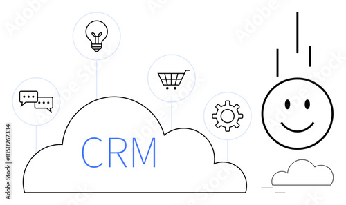 CRM concept. CRM with a cloud and icons for communication, shopping, innovation, and automation. CRM highlights customer satisfaction and relationship management. Perfect for business, sales