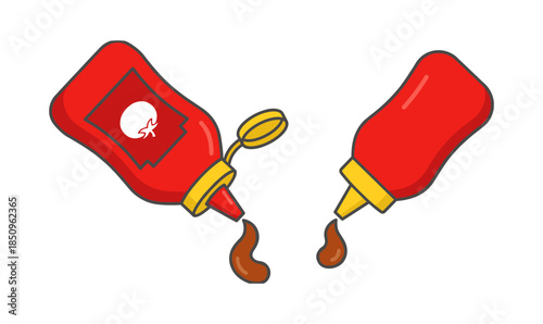 Red sauce bottles dispensing condiment droplets for food