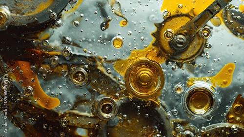 Abstract image of gears and cogs submerged in lubricant with bubbles. Industrial machinery concept for engineering and maintenance solution.