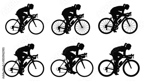 Six black silhouettes of female road cyclists 