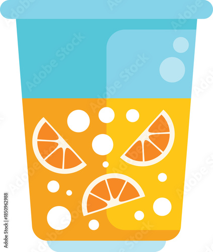 Disposable cup containing refreshing orange juice with orange slices, ideal for representing summer, freshness and healthy drinks