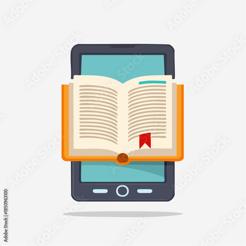 Open book with bookmark laying on top of a tablet device screen