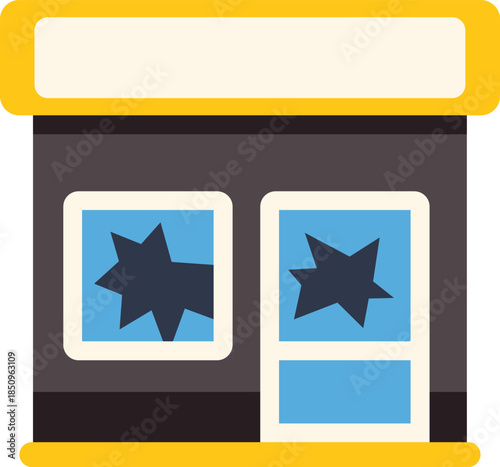 Illustration representing a vandalized store with broken windows, depicting robbery, disaster aftermath, or urban decay