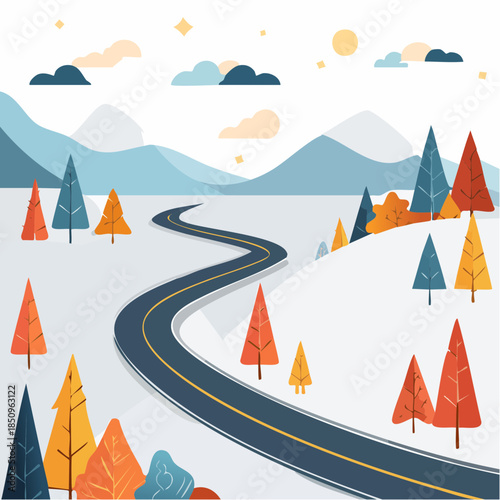 Winding road through a snowy landscape surrounded by winter trees and Mountains