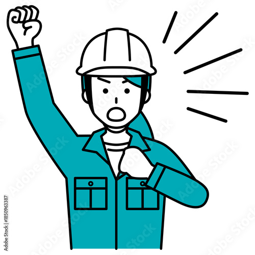 拳を上げて抗議する現場作業員の女性