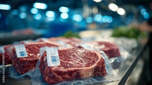158Close-up of vacuum-sealed beef steaks on stainless steel table, labels visible, fluorescent lights above highlighting rich red meat tones and shiny packaging, industrial food plant