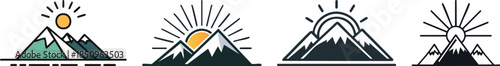 Minimal bold line mountain landscape icon with rising sun clean nature concept outdoor travel symbol