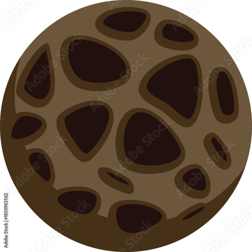 Illustration of a brown planet with dark craters rotating in the outer space