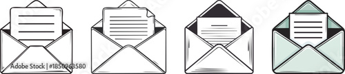 Minimal bold line envelope icon with message card peeking clean monochrome design mail communication symbol