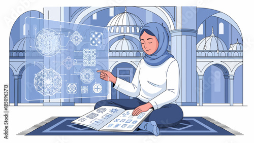 Woman Wearing Hijab Reading Quran Book.