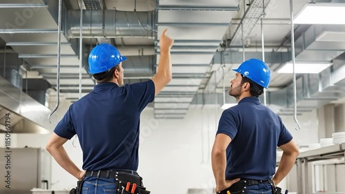 Two Male HVAC Technicians Working in a Commercial Kitchen Environment with Ductwork