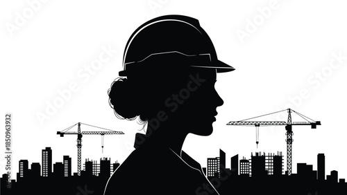 Female construction worker silhouette against city skyline 