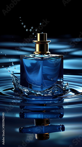 Luxury blue perfume bottle in water splash, elegant fragrance concept