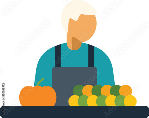 Senior greengrocer selling pumpkin and oranges at the market, healthy food and retail concept