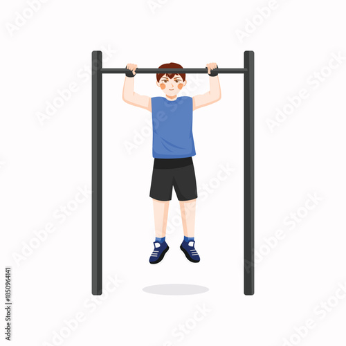 A flat illustration of a boy doing pull-up exercises, symbolizing strength training, fitness, and a healthy lifestyle.