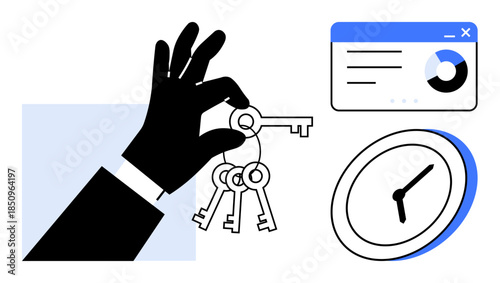 Access control, key management, time tracking, business solutions, security analytics, data integration. Hand holding keys with a clock and a data chart icon. Access control and time tracking concept
