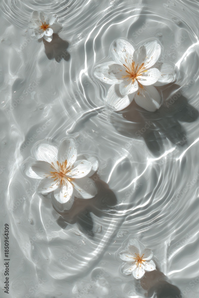 Obraz premium White blossoms float on rippling water, casting shadows, creating elegant texture