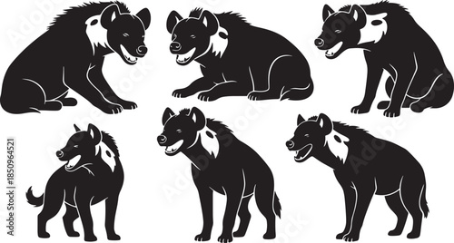 Black silhouette of different hyenas on transparent background set of wild animals vector illustration
