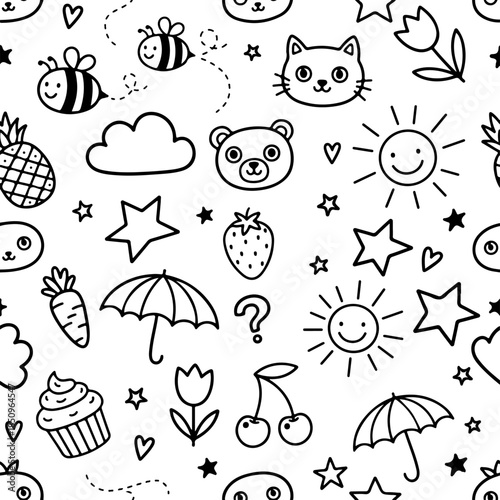 Cute hand drawn seamless pattern featuring black and white doodle icons of animals, suns, stars, and fruits for children's wallpaper, textile design, and stationery.