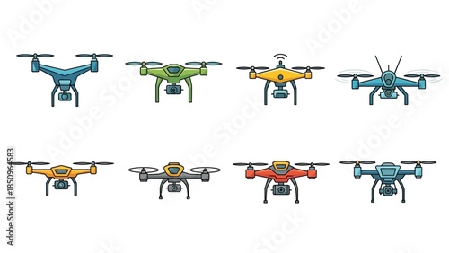 Collection of colorful drone illustrations showcasing technology and modern aerial vehicles for