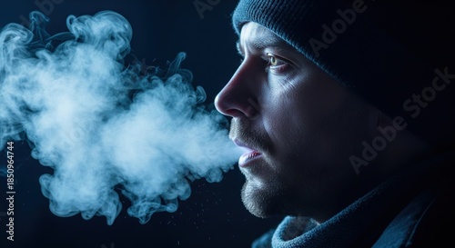 Captivating Profile of a Man Breathing Steam in a Cold Winter Atmosphere at Night
