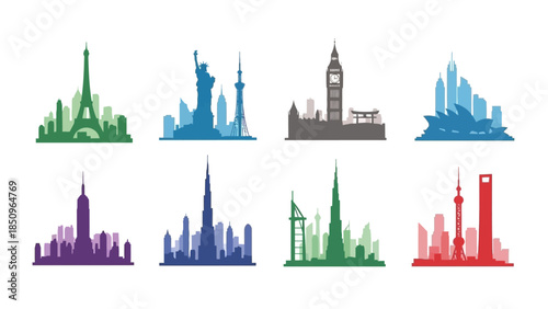 Colorful global landmark silhouette collection, featuring iconic buildings and cityscapes,