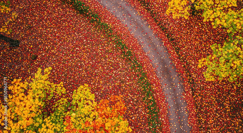 Colorful Autumn Leaves on Ground with Curved Path in Scenic Nature Landscape