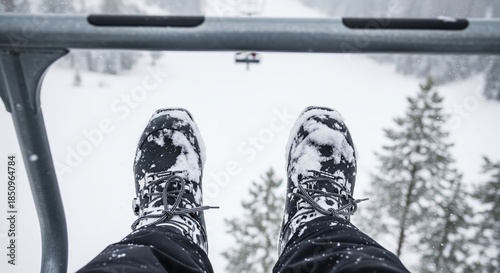 Winter Ski Lift Ride with Snowy Boots in Scenic Mountain Landscape